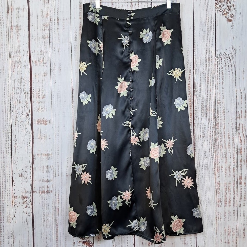 Vtg 90s Impressions of California L Floral Satin Midi Skirt Black Button Front